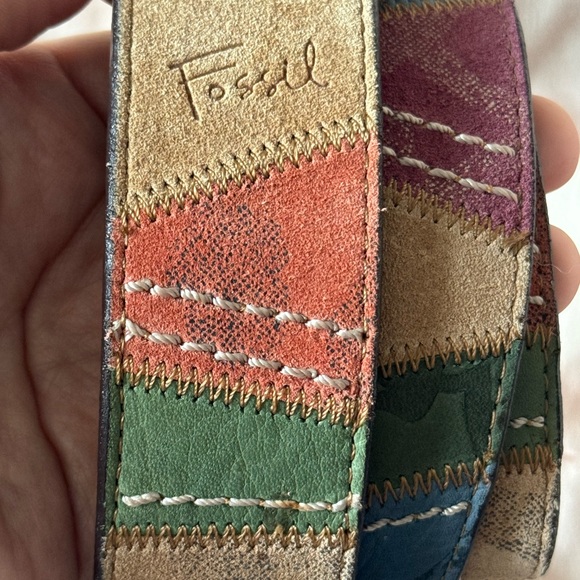 Fossil Patchwork Leather belt Genuine Suede Size M Multi Color Hippy Granny 90s - Picture 4 of 12